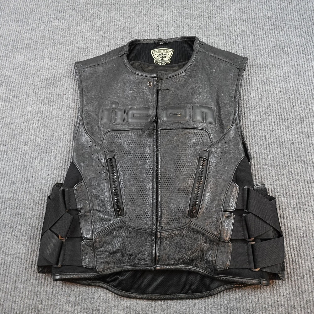 Icon Regulator Vest Mens Large Black Leather Back Armor Motorcycle Riding